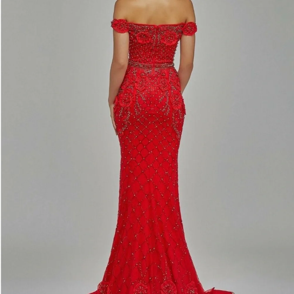 Elegant Red Off-Shoulder Dress (Terani Couture) - Picture 2 of 8
